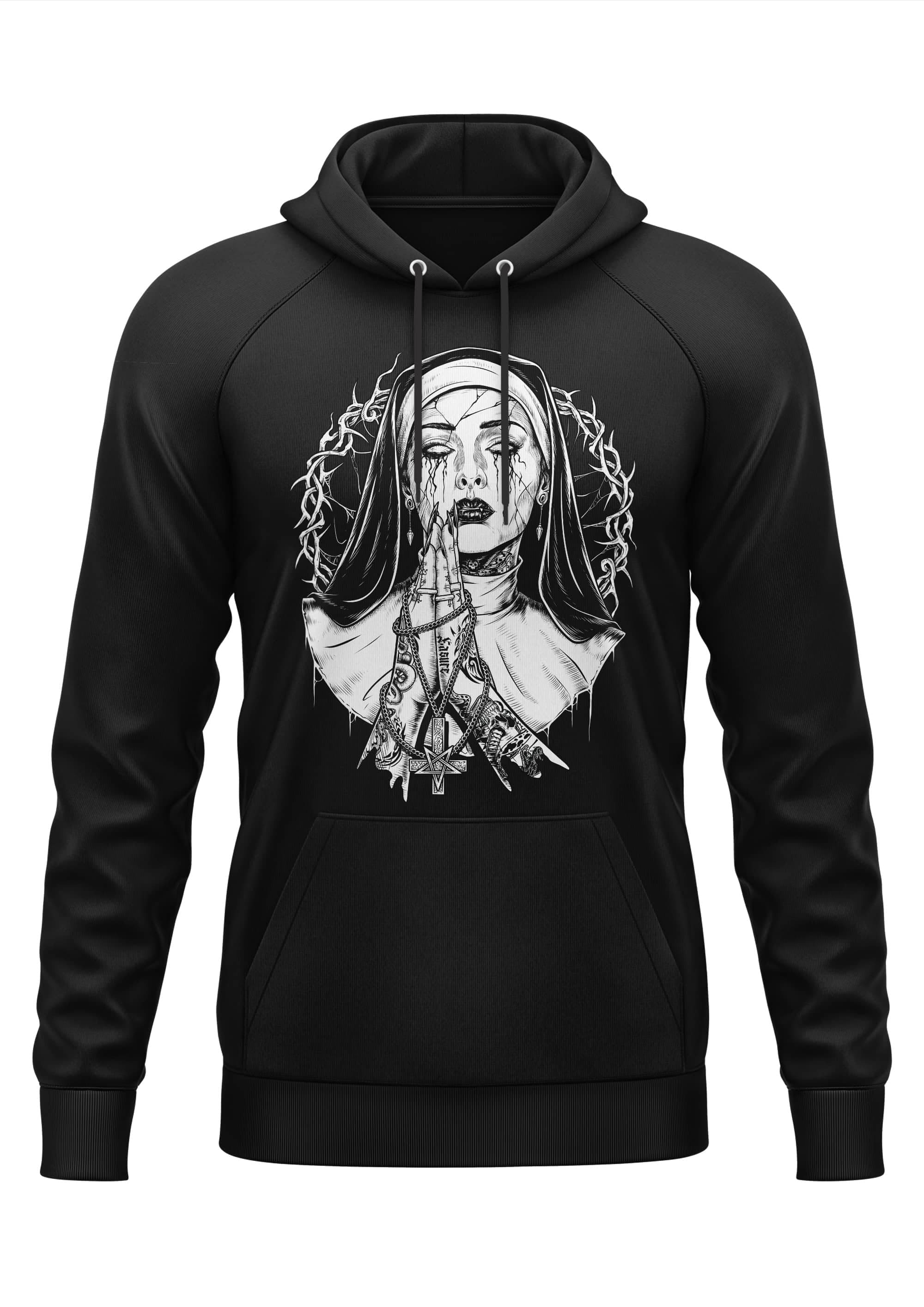 Schwarzer Gothic-Hoodie Demon Nun mit Stachel-Nonne-Grafik